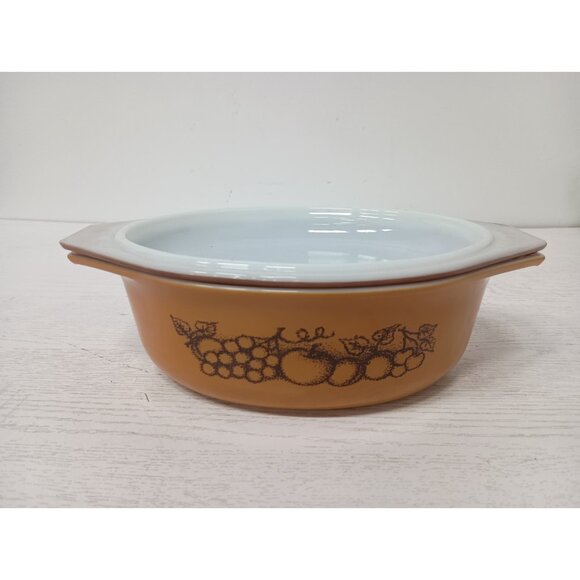 Vintage 1970s Pyrex Old Orchard Brown Oval Casserole Dish With Lid 1 1/2 Qt - Picture 2 of 11